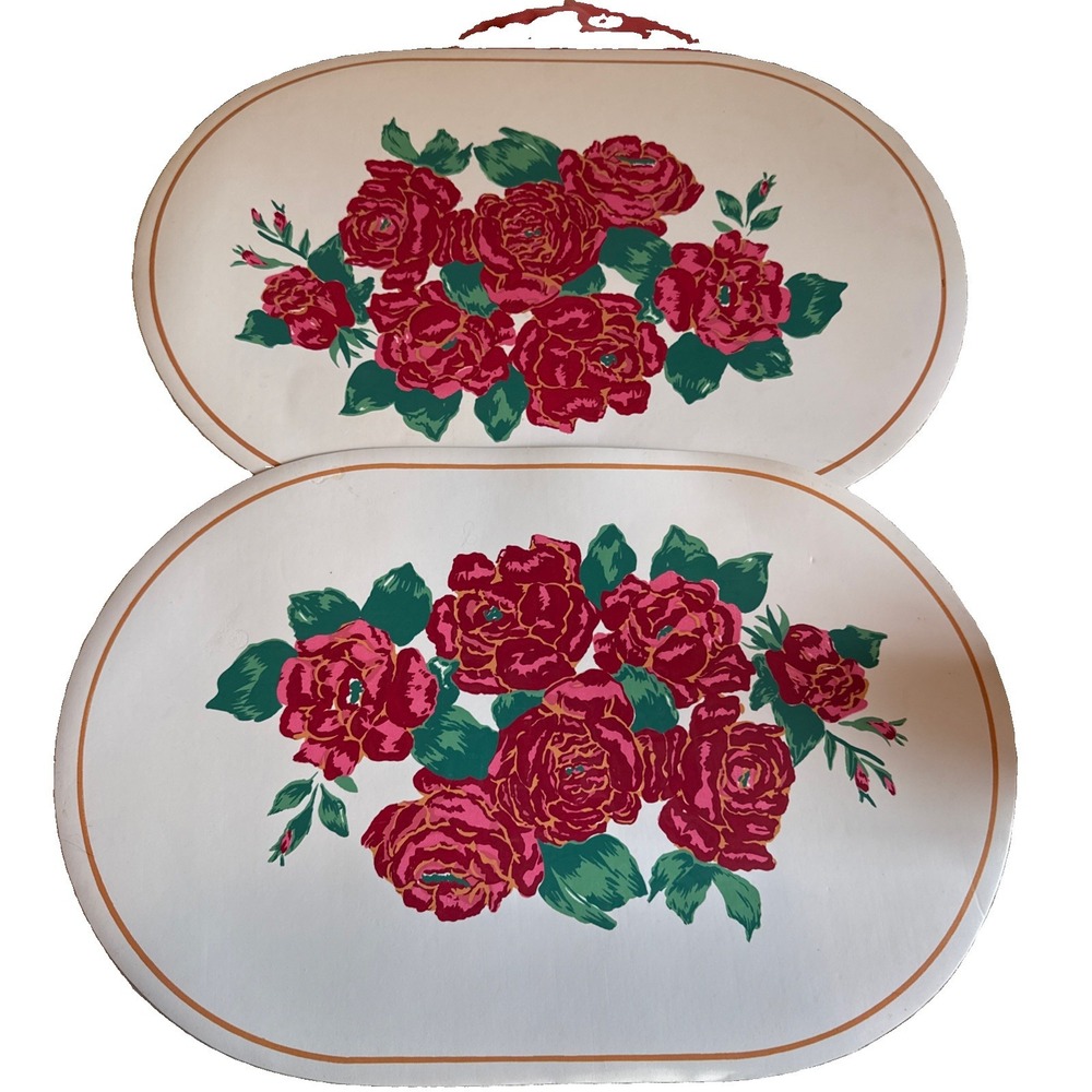Vintage Vinyl Foam Placemats Red Pink Rose Floral Gold Border Set of 2 Woolworth
